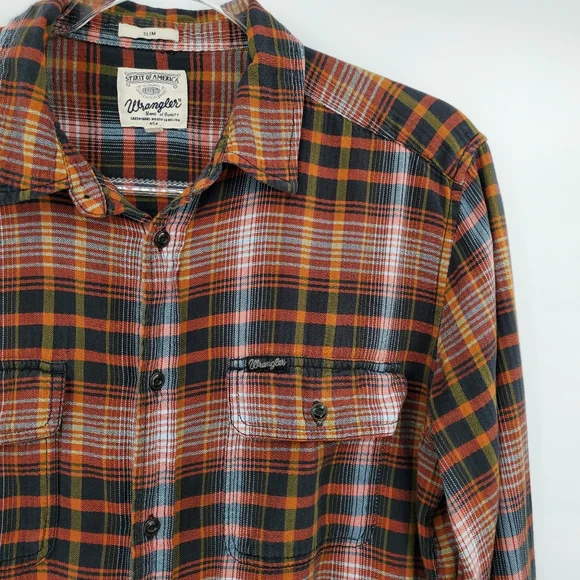 Wrangler Slim Fit Button Front Shirt Flannel Mens Large Plaid Long Sleeve - Picture 2 of 6